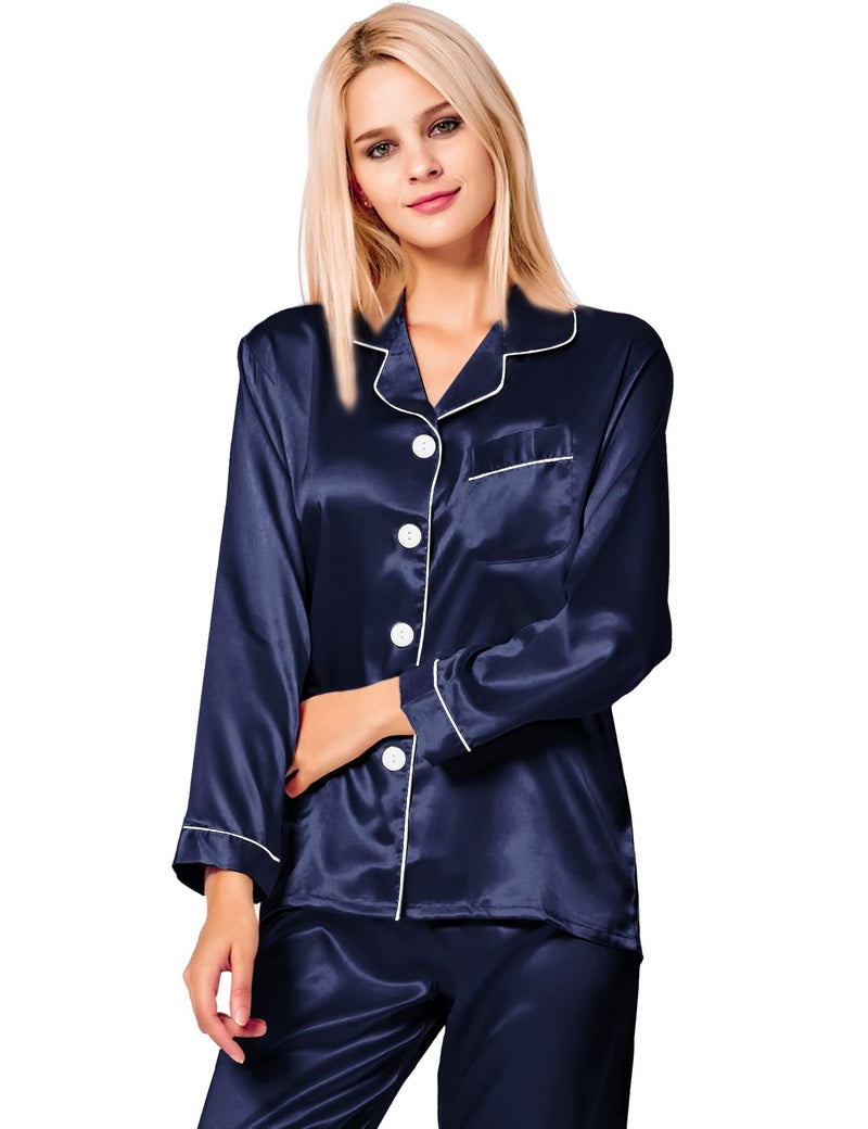 SWOMOG Womens Silk Satin Pajamas Long Sleeve Loungewear Two-Piece Sleepwear Button-Down Pj Set Deep Navy Blue - Image 2